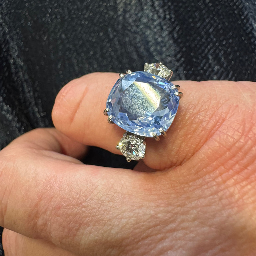 10.54 Carat No-Heat Ceylon Sapphire Three-Stone Ring