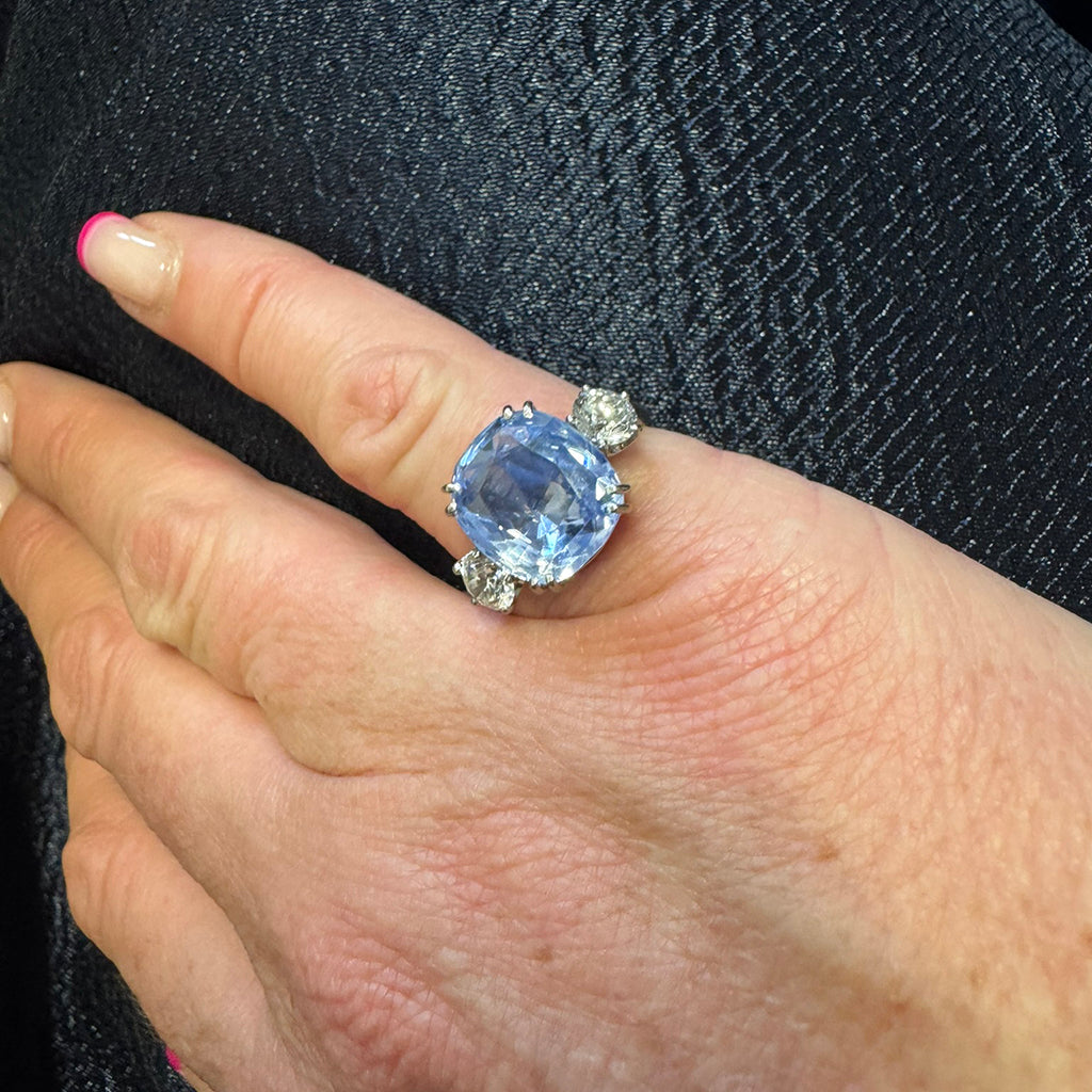 10.54 Carat No-Heat Ceylon Sapphire Three-Stone Ring