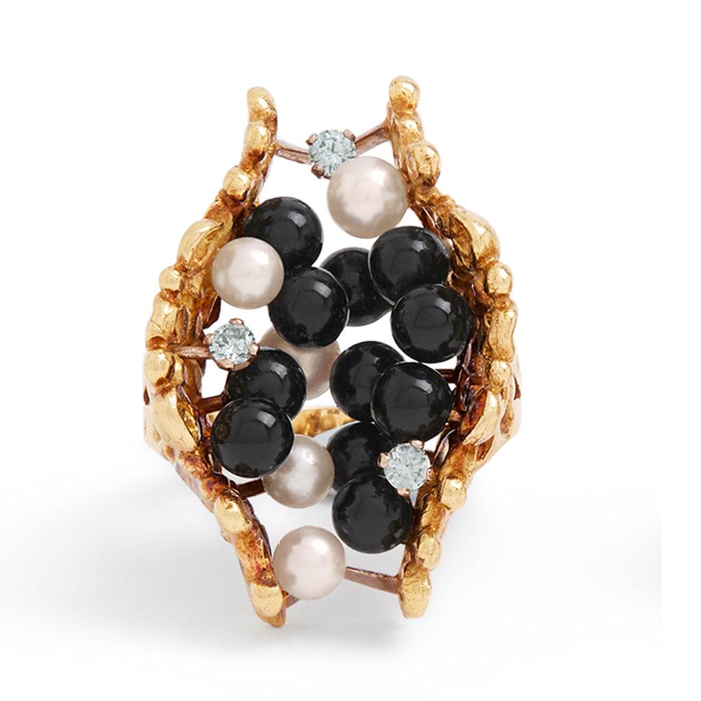 John Donald, 18ct Yellow Gold, Onyx beads and Pearls Ring