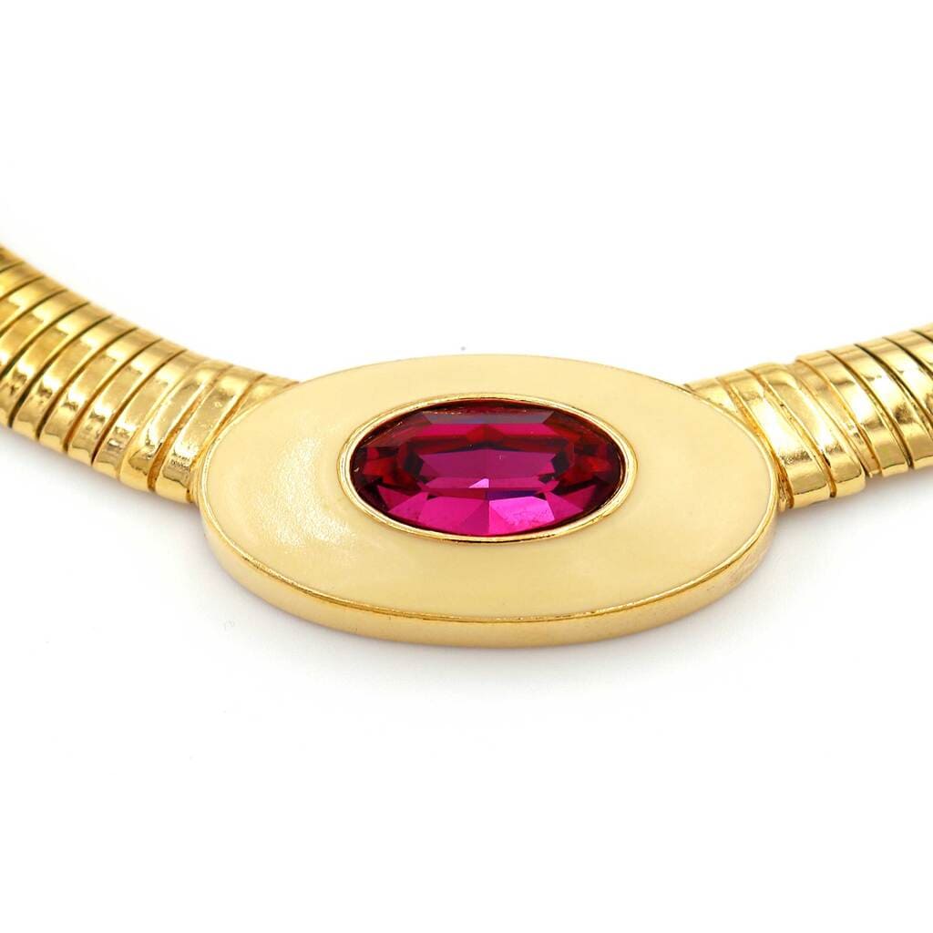 Yves Saint Laurent Gold Tubogas Necklace with Enamel & Pink Crystal, 1980s