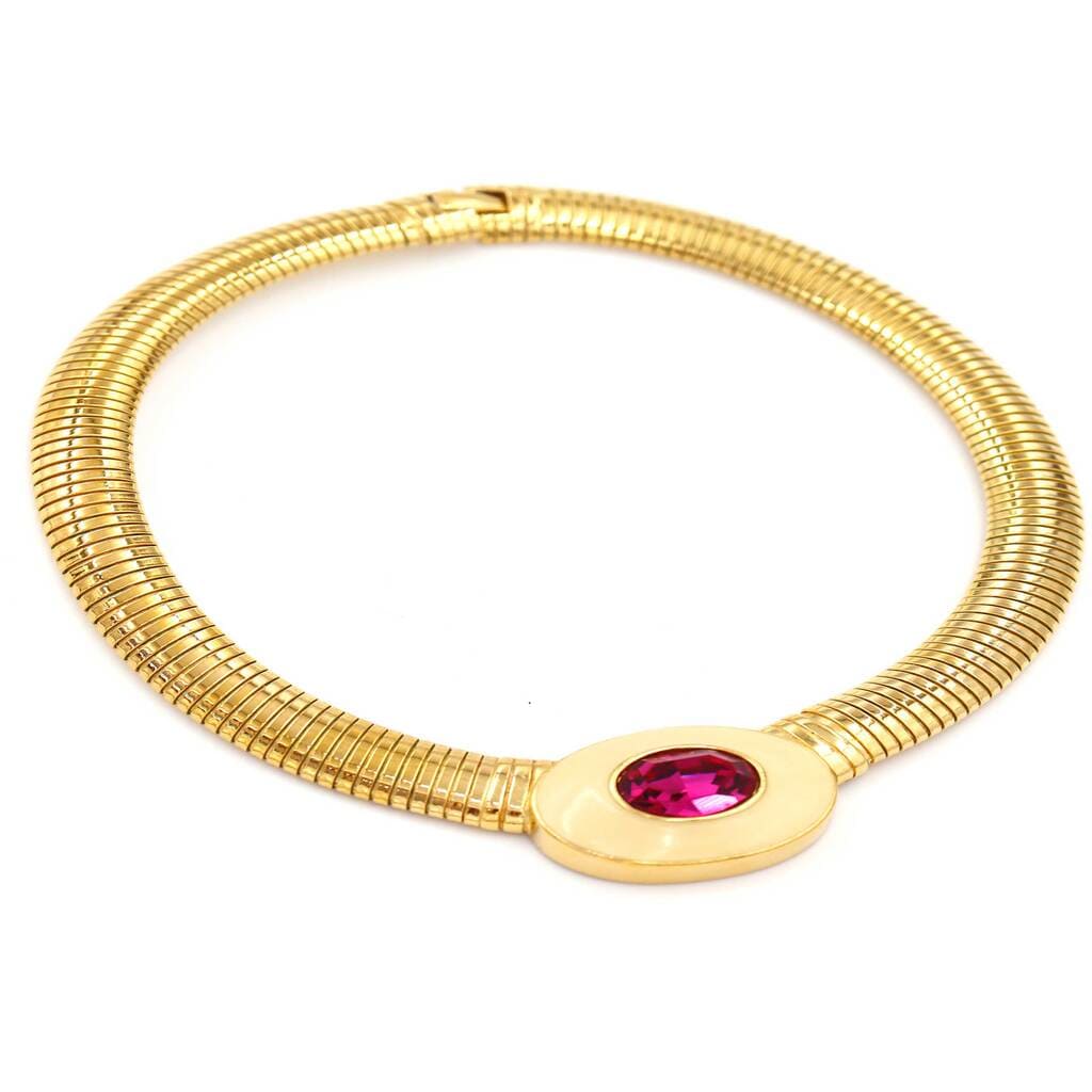 Yves Saint Laurent Gold Tubogas Necklace with Enamel & Pink Crystal, 1980s