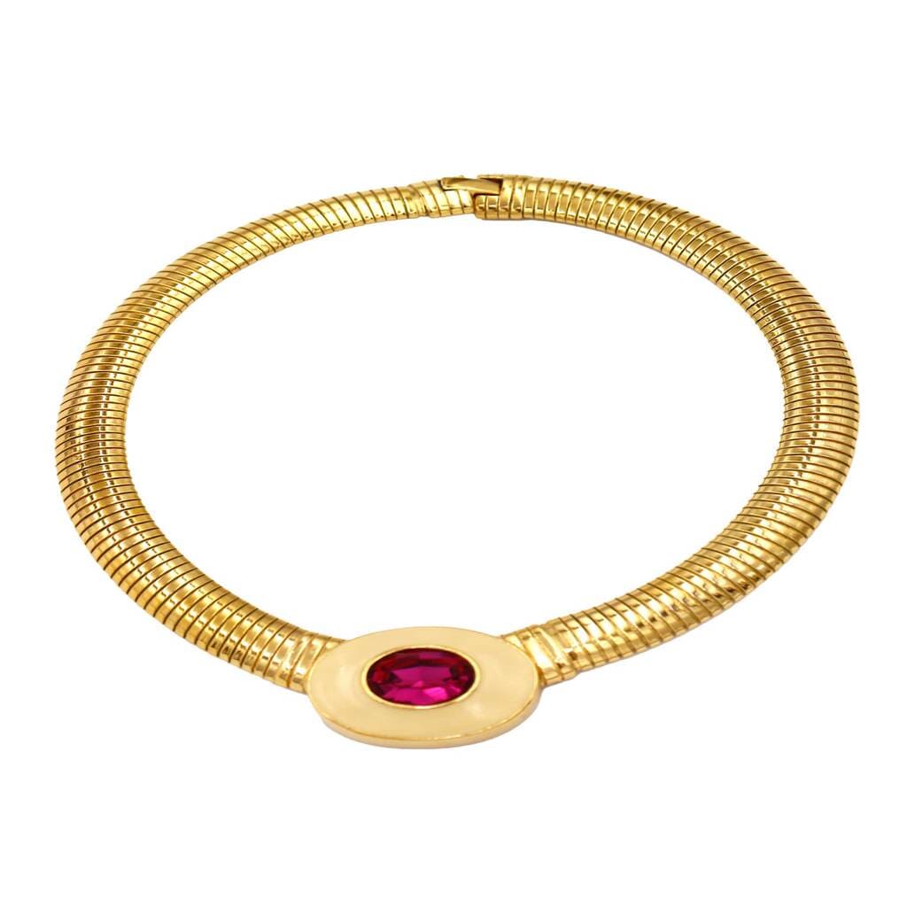 Yves Saint Laurent Gold Tubogas Necklace with Enamel & Pink Crystal, 1980s