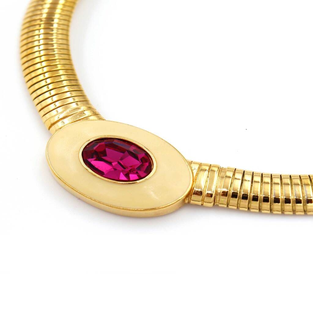 Yves Saint Laurent Gold Tubogas Necklace with Enamel & Pink Crystal, 1980s