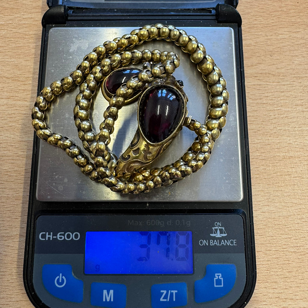 Victorian 15ct Gold Snake Necklace with Cabochon Garnets and Ruby Eyes
