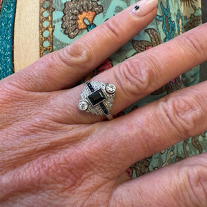 1910 Sapphire and Diamond Ring with Two Round Diamonds