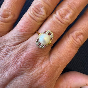 1930s Pearl Ring with Ruby and Diamond Accents