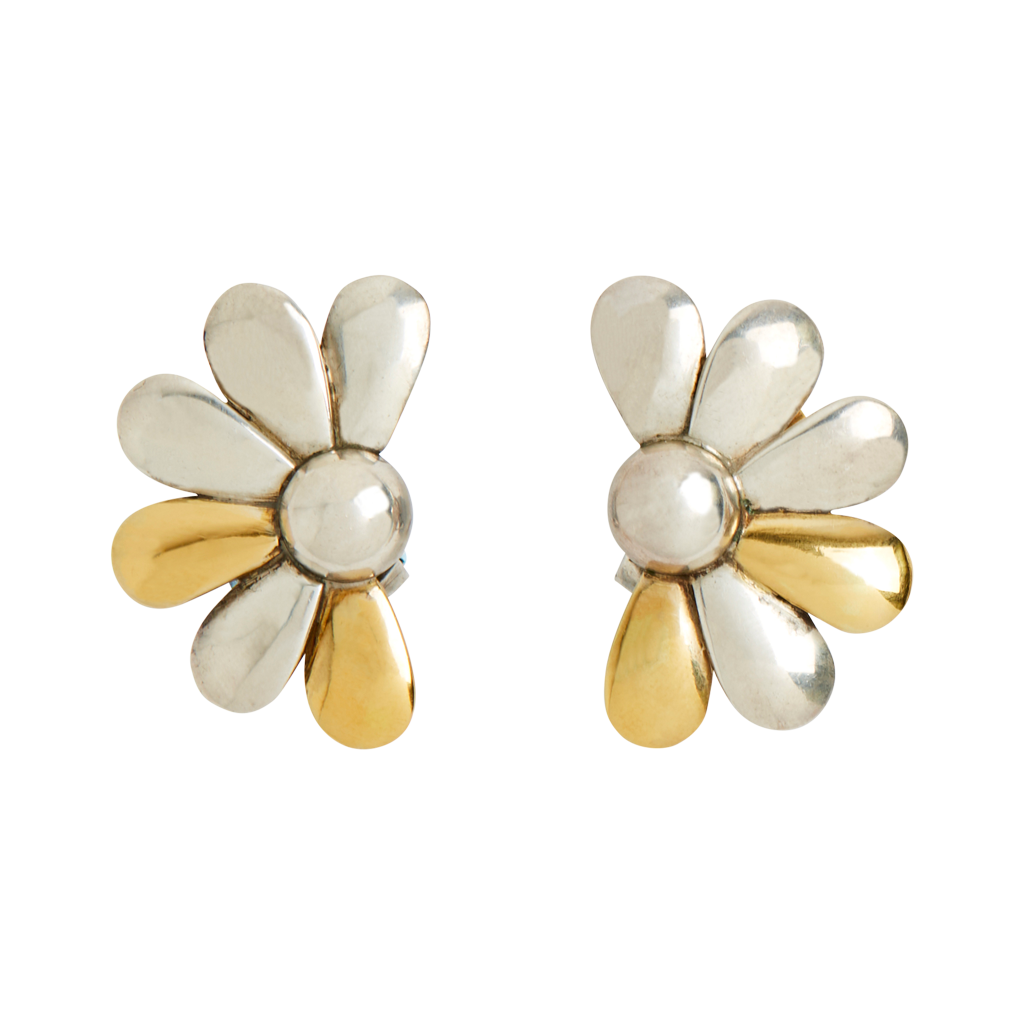 Puig Doria Modernist Sterling Silver and Gold Tone Metal Floral Earrings, 1970s