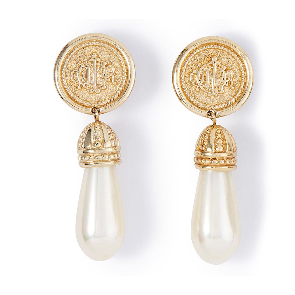 Vintage Christian Dior Earrings with Monogram and Faux Pearls