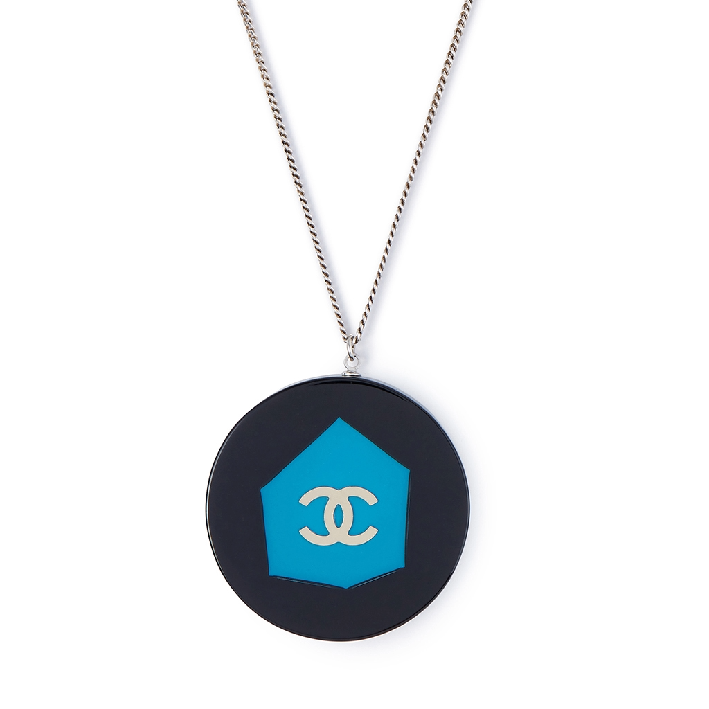 Chanel Silver Chain Necklace with Black and Blue CC Pendant, 2010