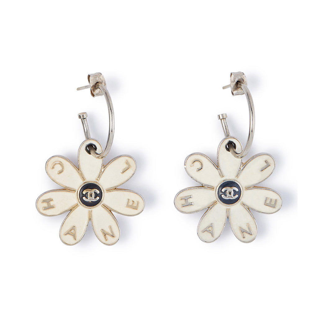 Chanel, Rare Silver Tone and Enamel Flower CC Earrings