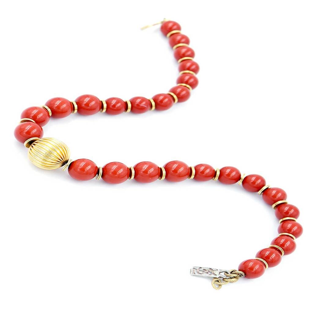 Yves Saint Laurent Red Bead Necklace With Gold Textured Bead, 1980s