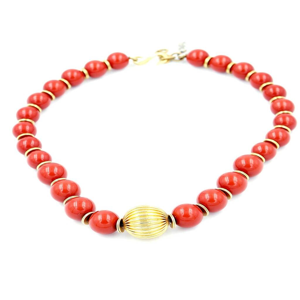 Yves Saint Laurent Red Bead Necklace With Gold Textured Bead, 1980s