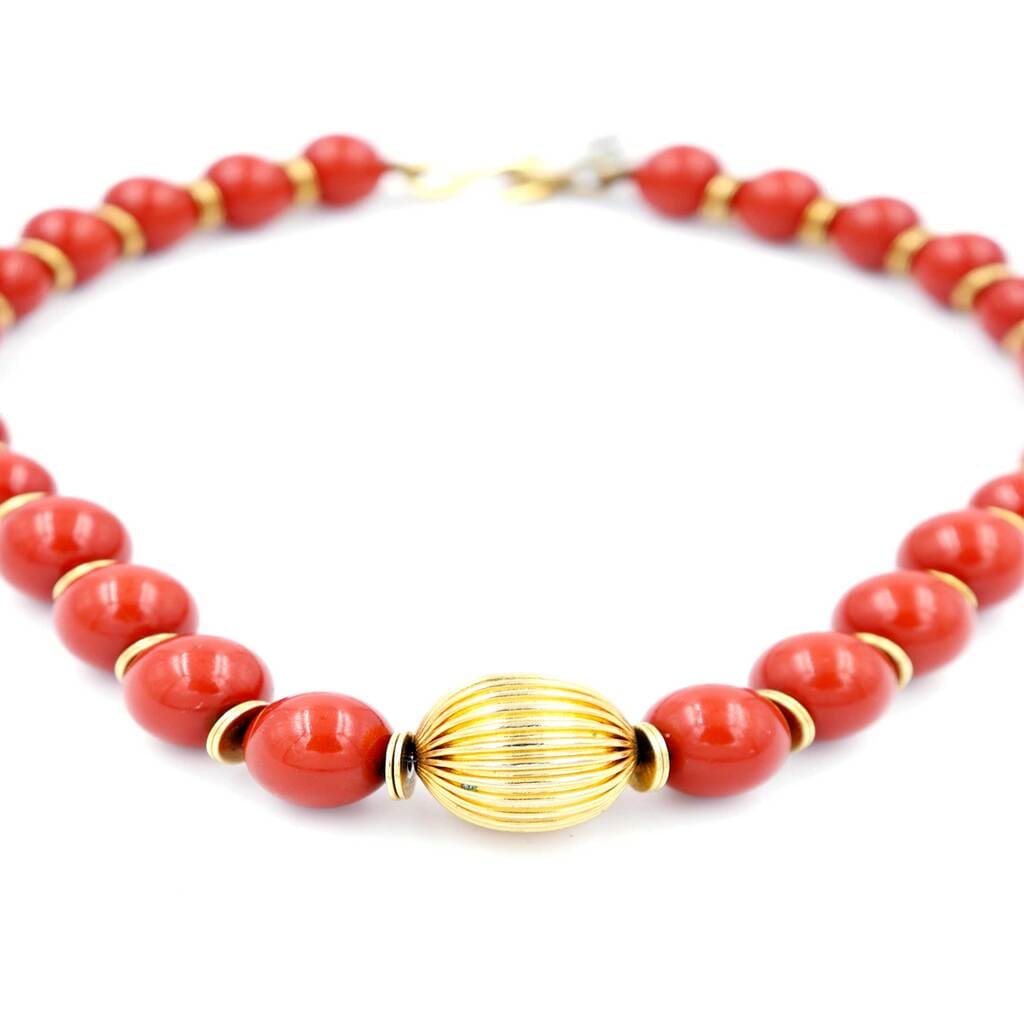 Yves Saint Laurent Red Bead Necklace With Gold Textured Bead, 1980s