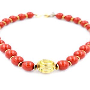 Yves Saint Laurent Red Bead Necklace With Gold Textured Bead, 1980s