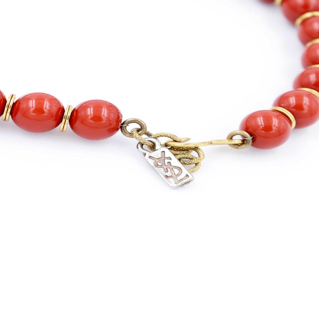 Yves Saint Laurent Red Bead Necklace With Gold Textured Bead, 1980s