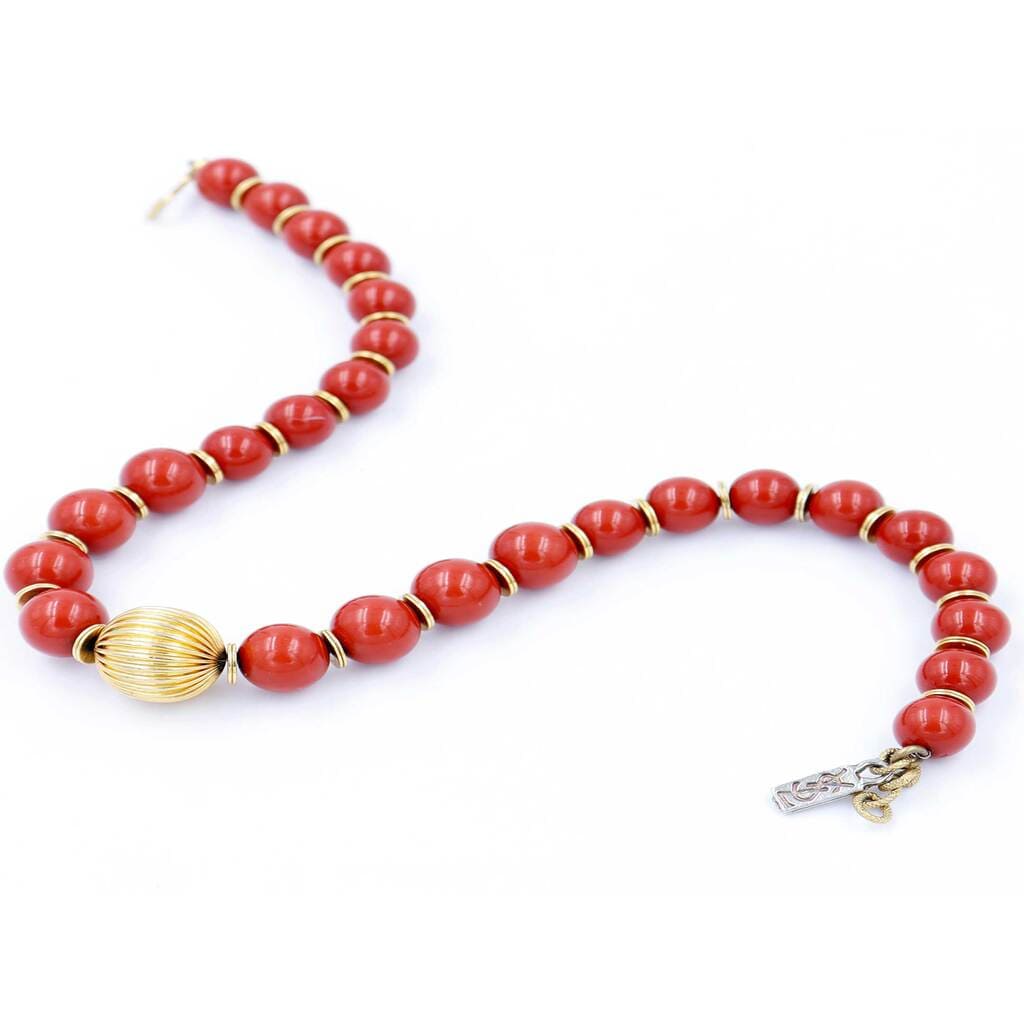 Yves Saint Laurent Red Bead Necklace With Gold Textured Bead, 1980s