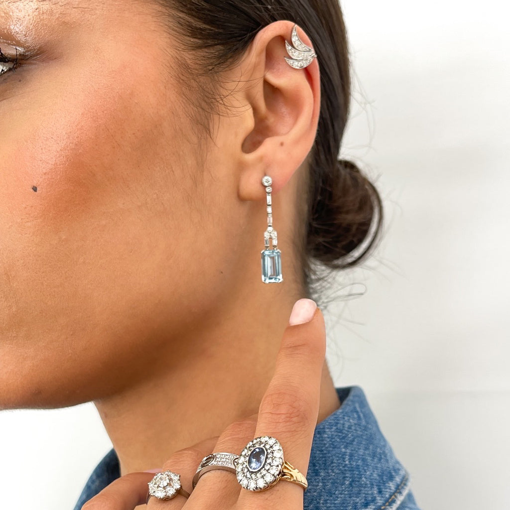 Art Deco-Influenced Aquamarine, Diamond and Platinum Drop Earrings