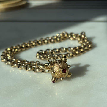 9ct Gold Sputnik Crater Ball Pendant with Red & Green Stones – c.1960