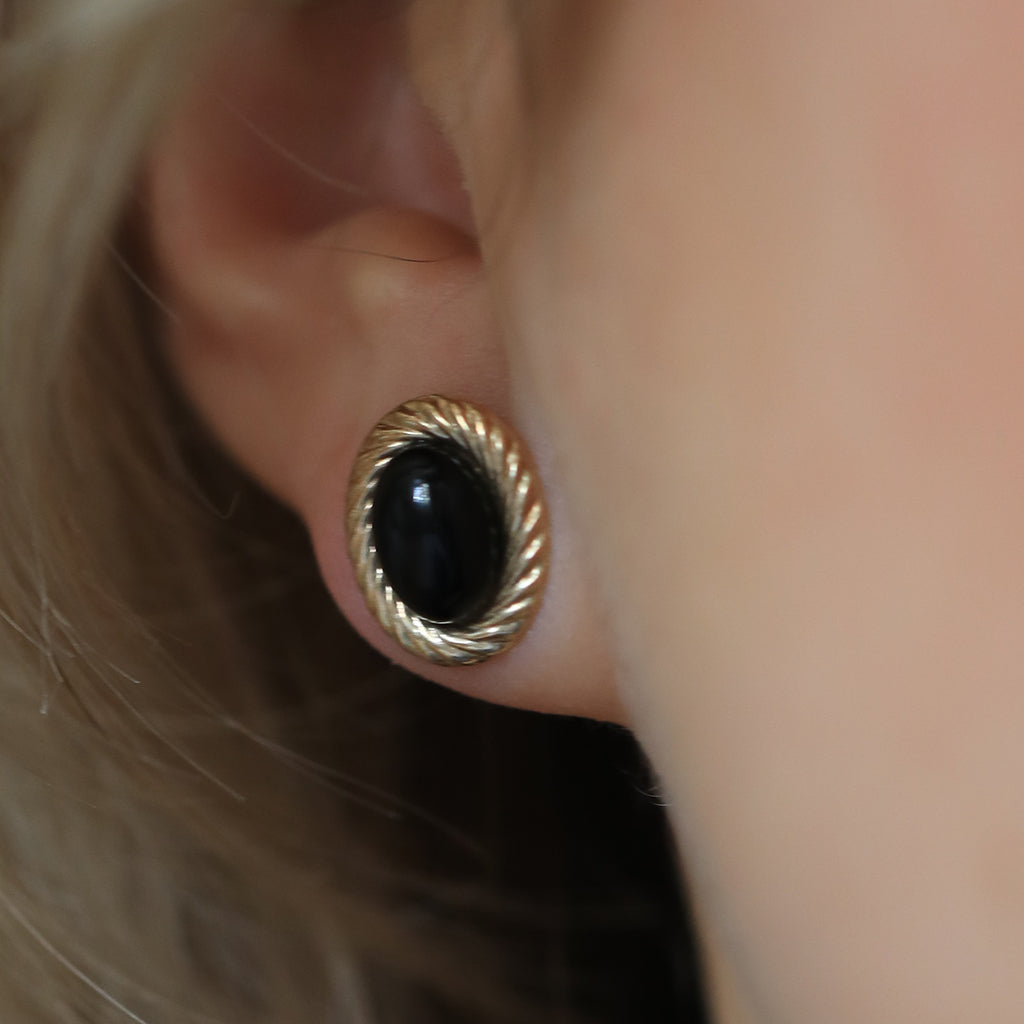 A Pair of Vintage 9ct Gold and Onyx Oval Earrings