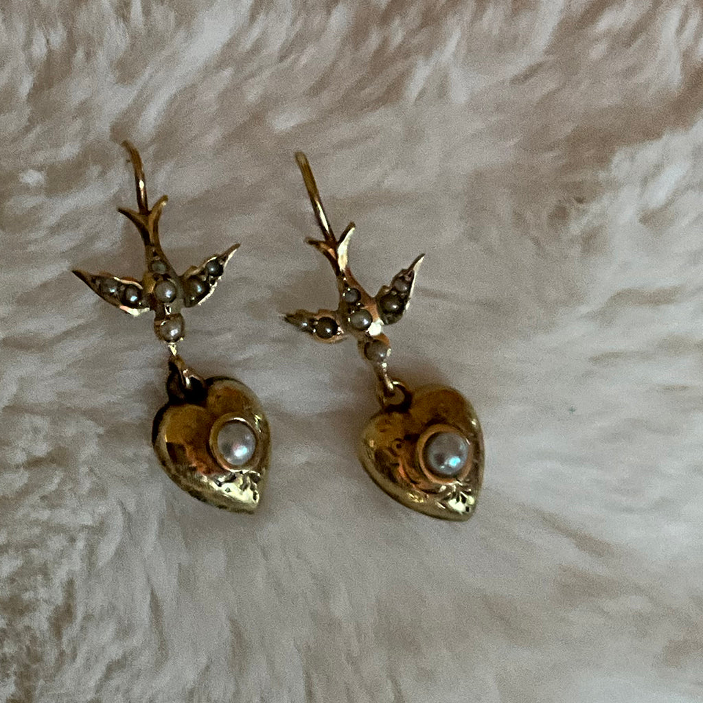 9ct Yellow Gold and Pearl Drop Earrings with Bird