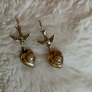 9ct Yellow Gold and Pearl Drop Earrings with Bird