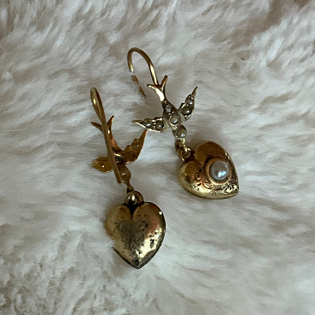 9ct Yellow Gold and Pearl Drop Earrings with Bird