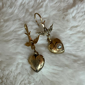 9ct Yellow Gold and Pearl Drop Earrings with Bird