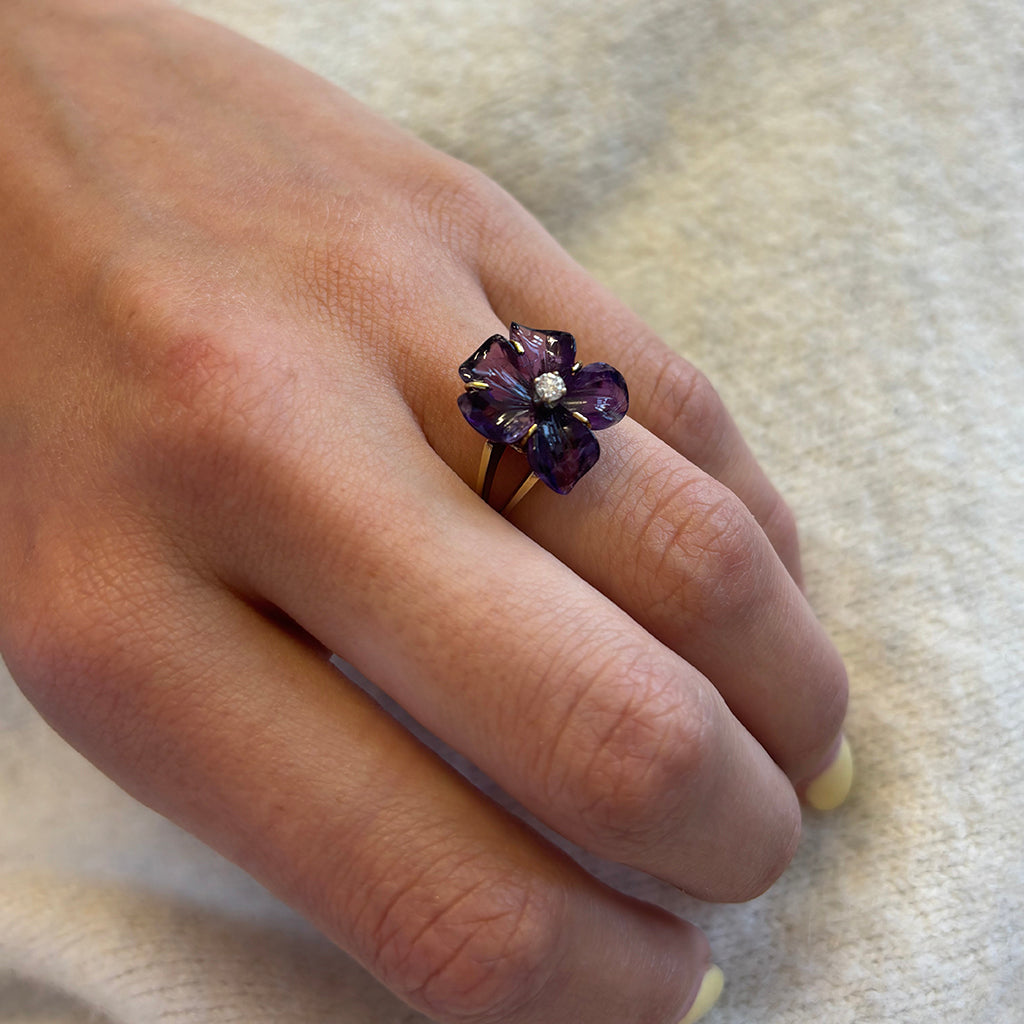 Diamond and carved Amethyst ring