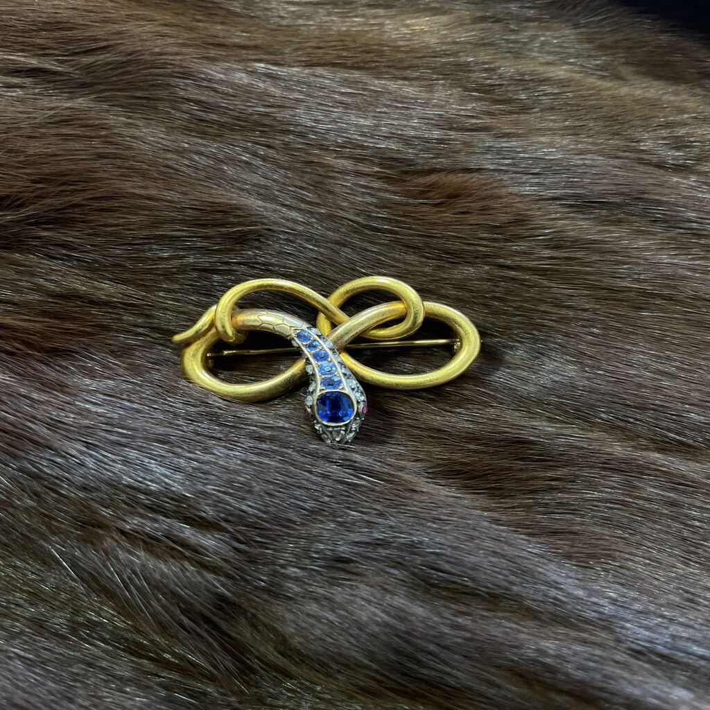 Antique 1880 18ct Gold Snake Brooch with Sapphire, Diamond, and Ruby Eyes