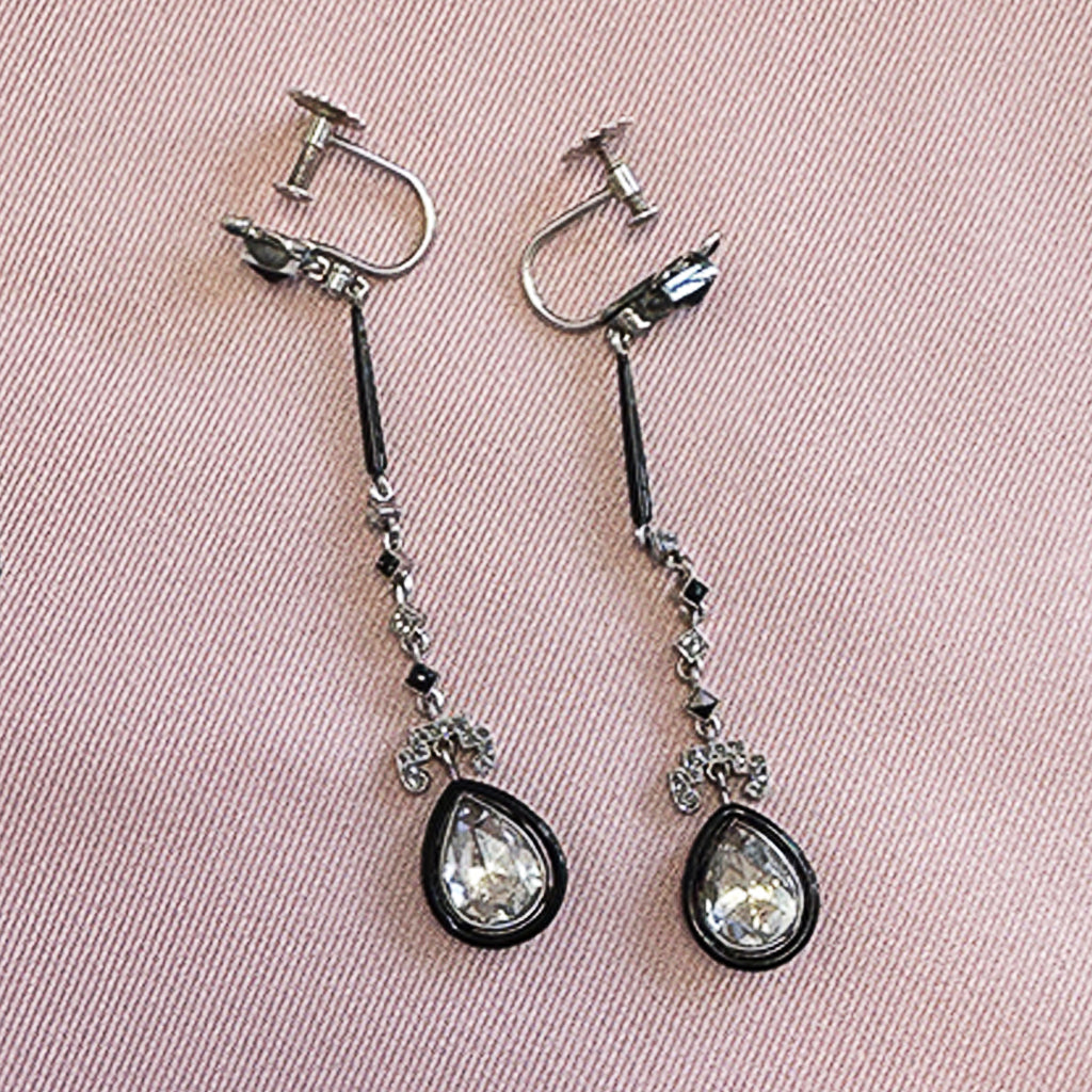 Art Deco Diamond and Enamel Drop Earrings
