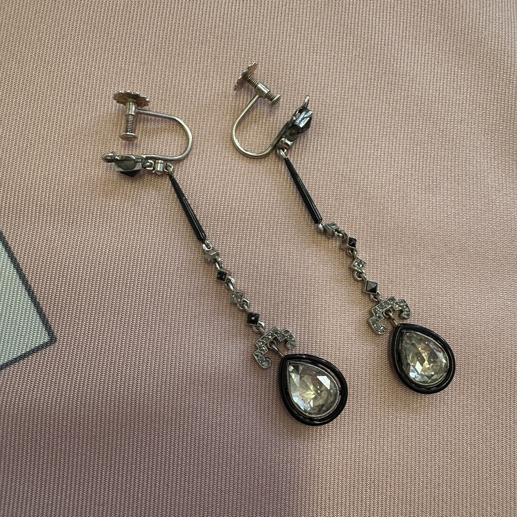 Art Deco Diamond and Enamel Drop Earrings