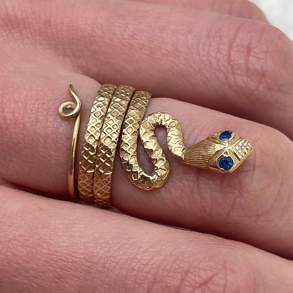 Bespoke 18ct Yellow Gold Snake Ring with Sapphire Eyes