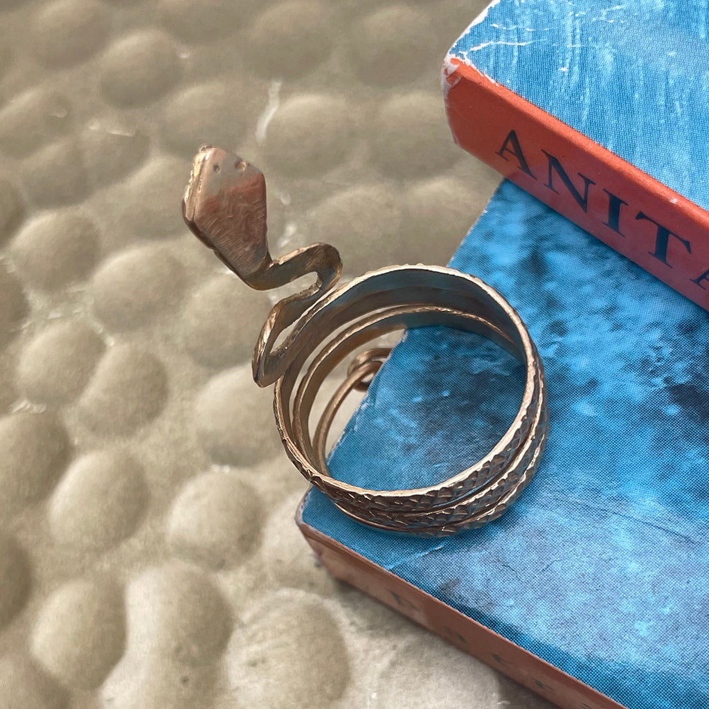 Bespoke 18ct Yellow Gold Snake Ring with Sapphire Eyes