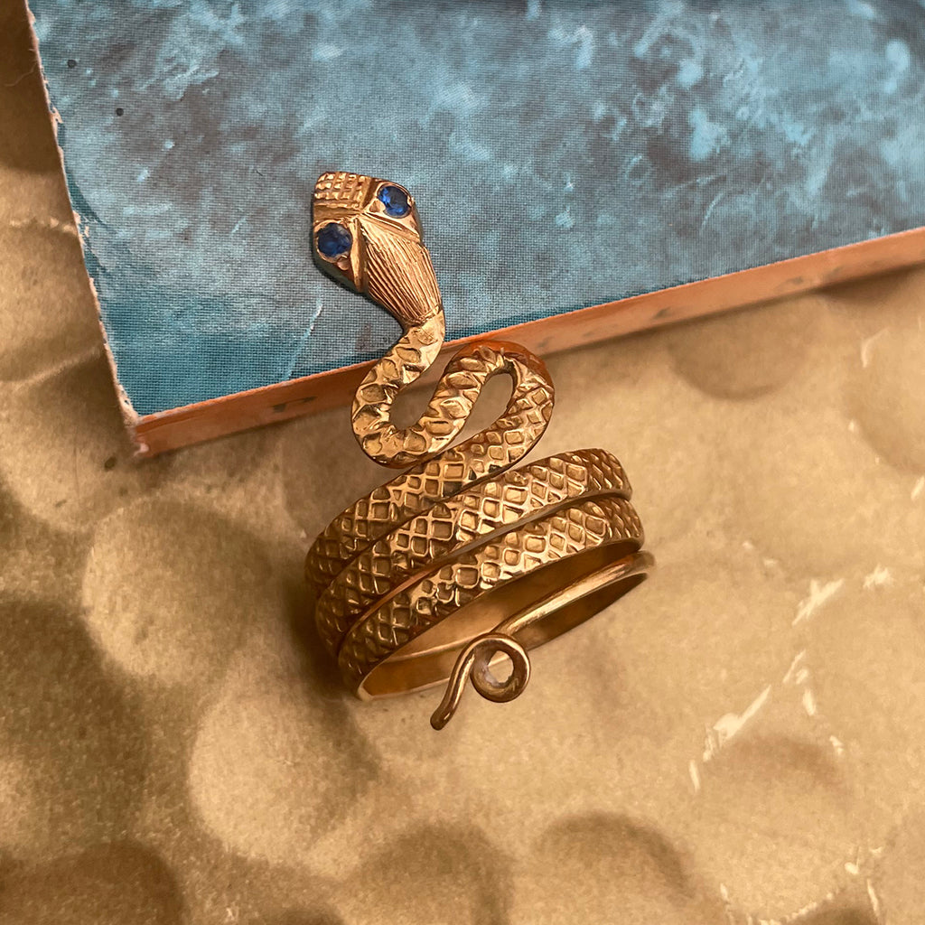 Bespoke 18ct Yellow Gold Snake Ring with Sapphire Eyes
