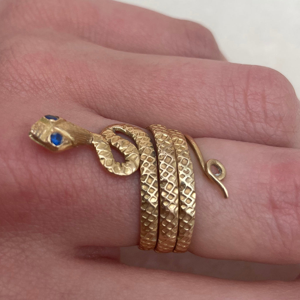 Bespoke 18ct Yellow Gold Snake Ring with Sapphire Eyes