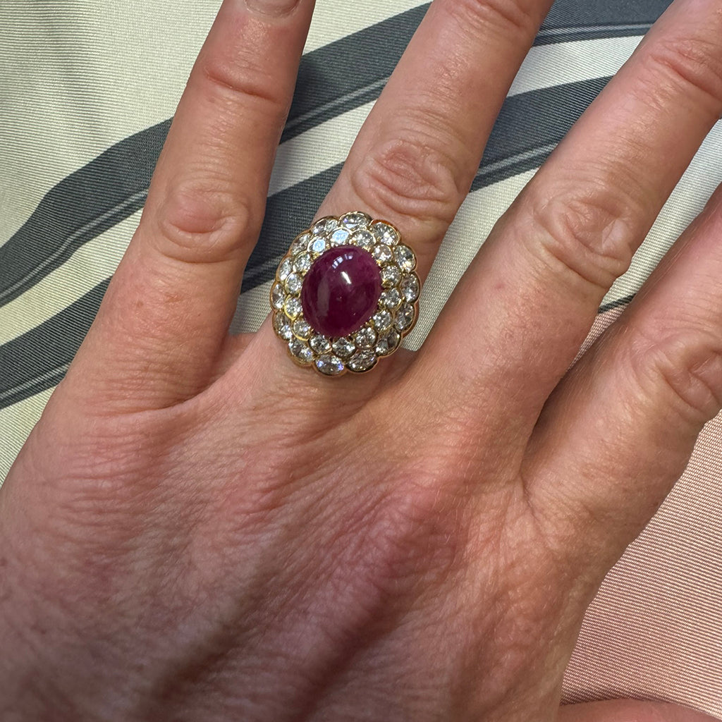 Cabochon Ruby and Diamond Double Cluster Ring