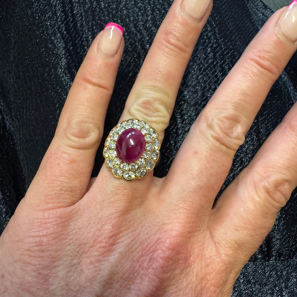 Cabochon Ruby and Diamond Double Cluster Ring
