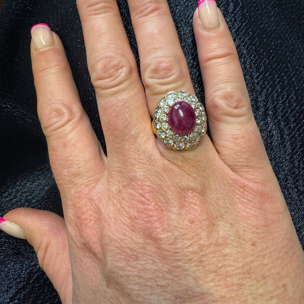 Cabochon Ruby and Diamond Double Cluster Ring