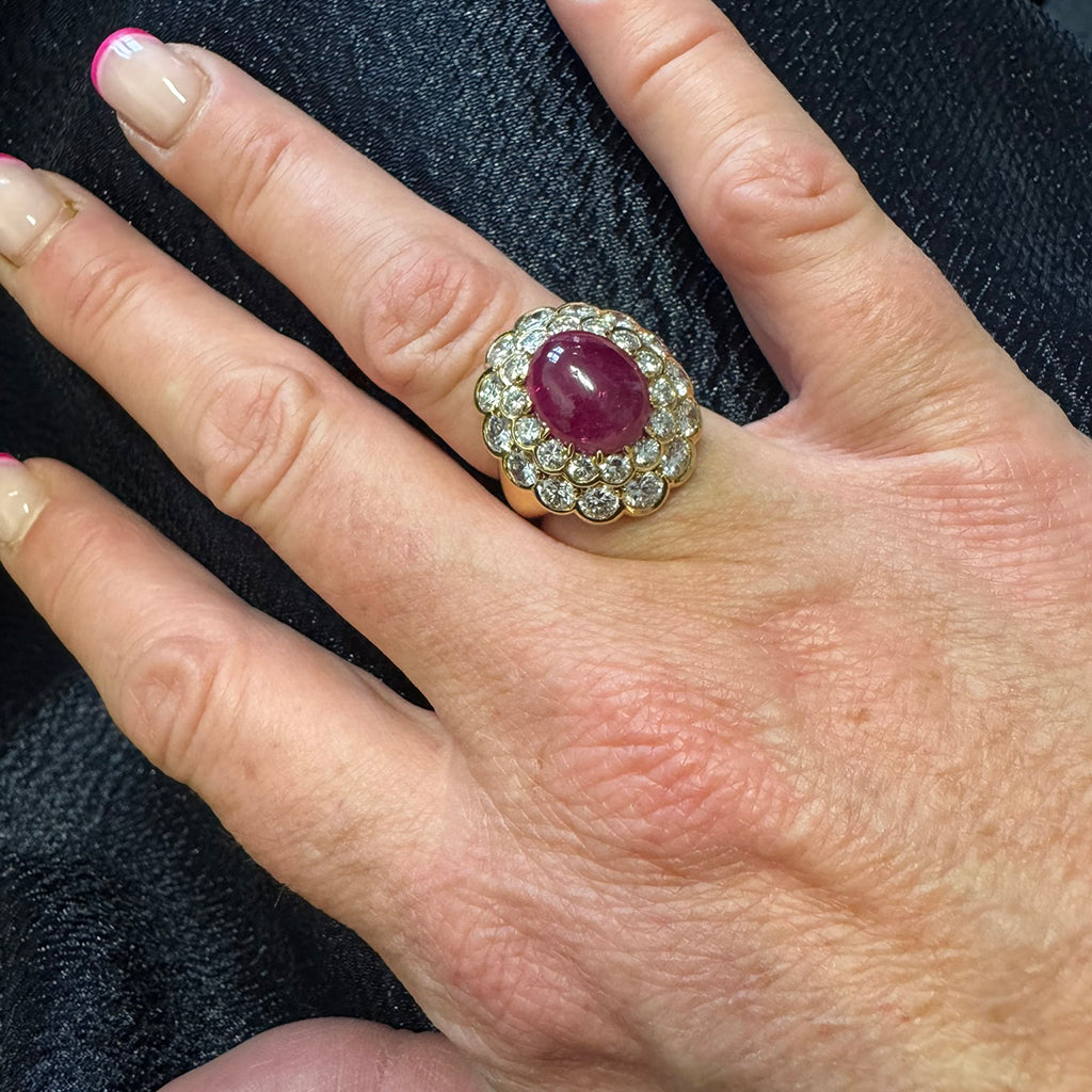 Cabochon Ruby and Diamond Double Cluster Ring