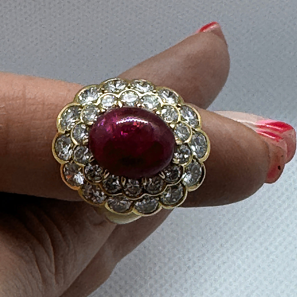 Cabochon Ruby and Diamond Double Cluster Ring