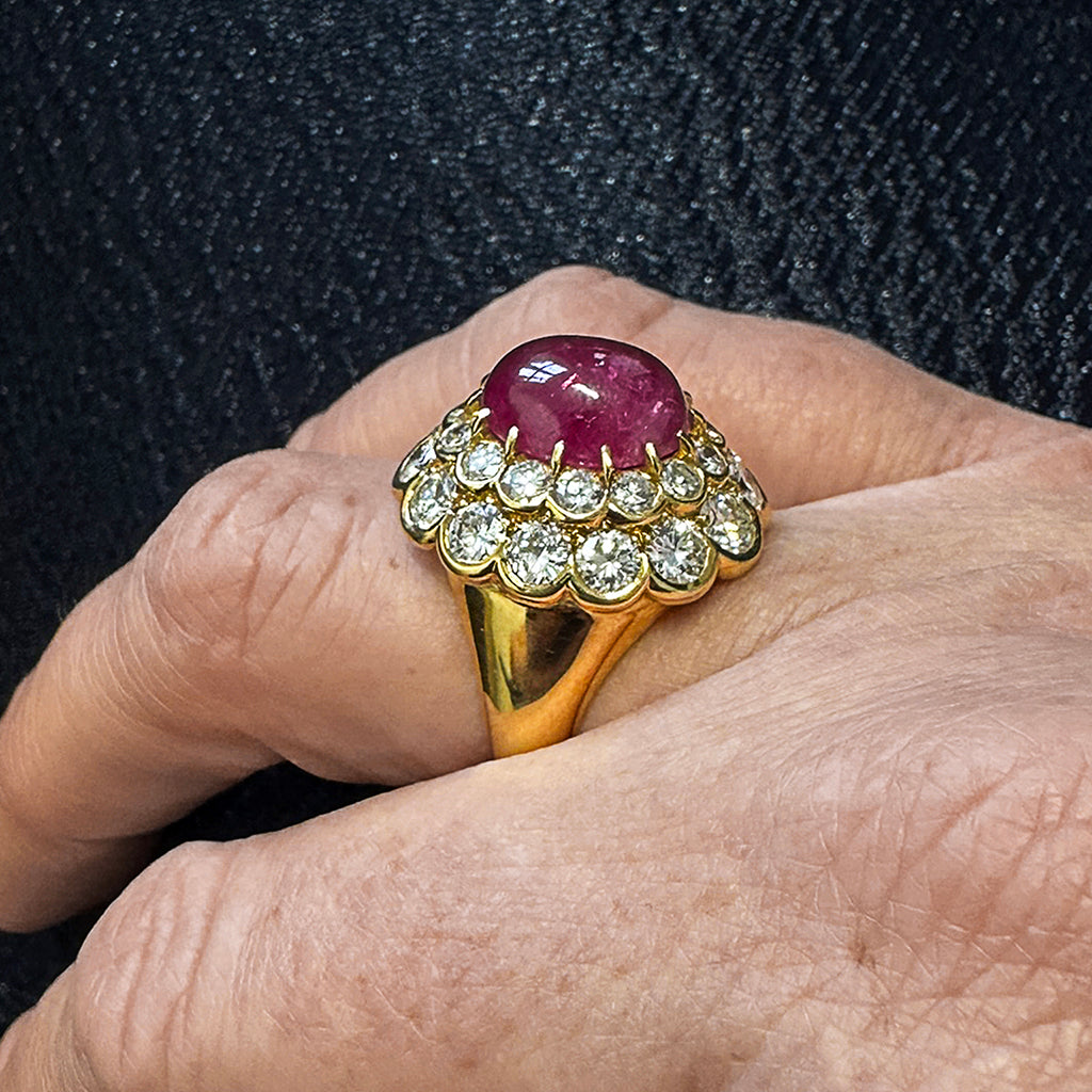 Cabochon Ruby and Diamond Double Cluster Ring
