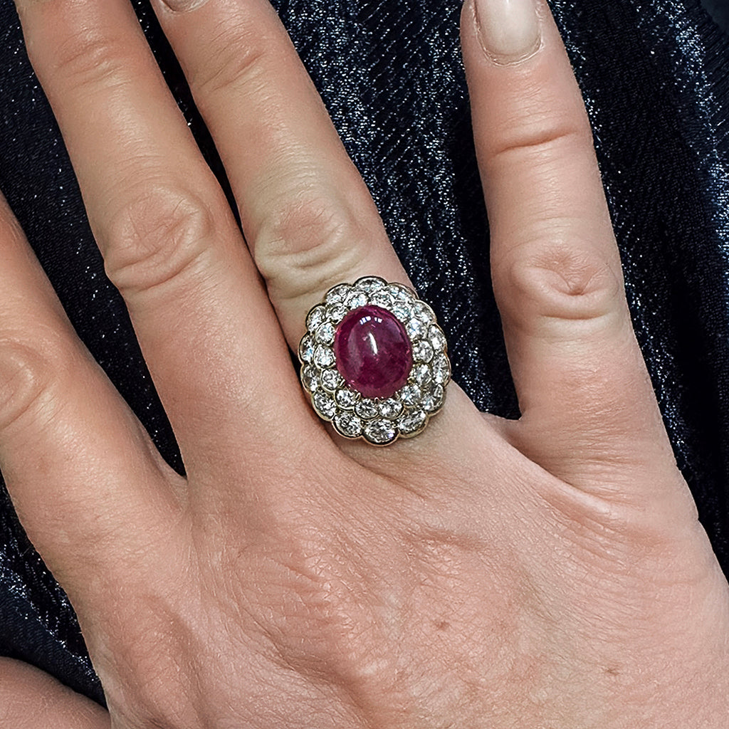 Cabochon Ruby and Diamond Double Cluster Ring