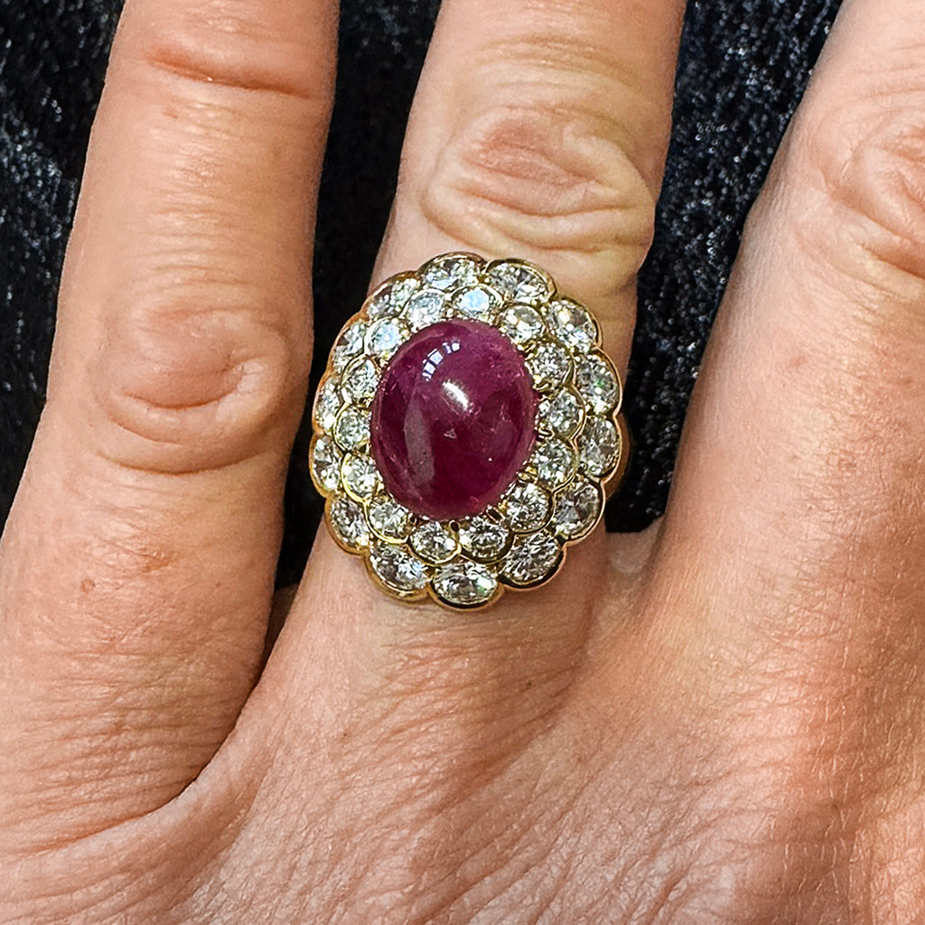 Cabochon Ruby and Diamond Double Cluster Ring
