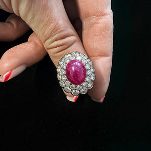 Cabochon Ruby and Diamond Double Cluster Ring