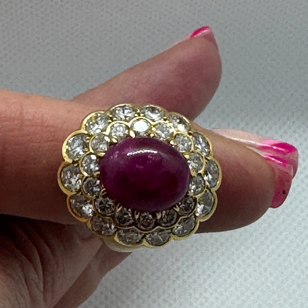 Cabochon Ruby and Diamond Double Cluster Ring
