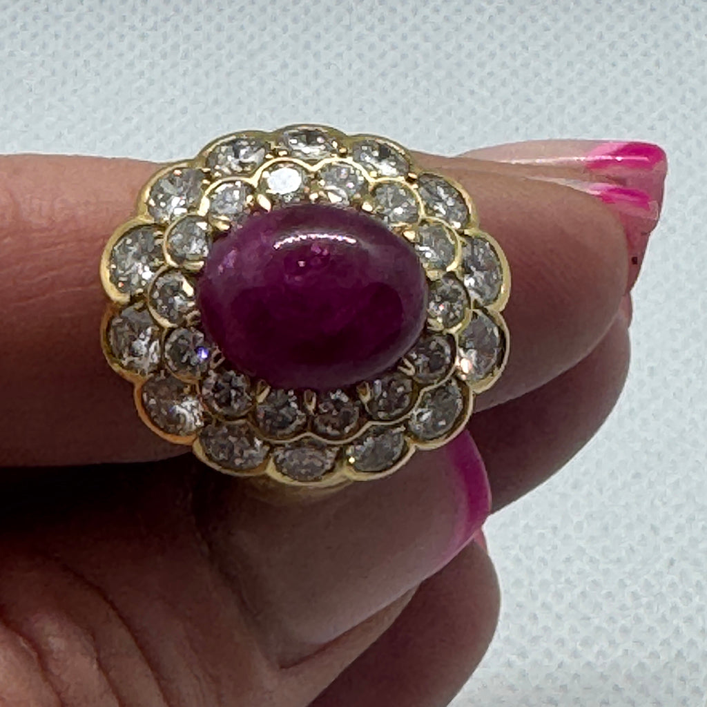 Cabochon Ruby and Diamond Double Cluster Ring