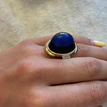 Dramatic Vintage Lapis, Hematite and Diamond Cocktail Ring