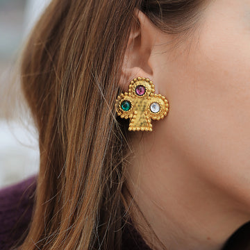Edouard Rambaud, Hammered Gold Plate and Glass Stone Clubs Earrings, 1980s