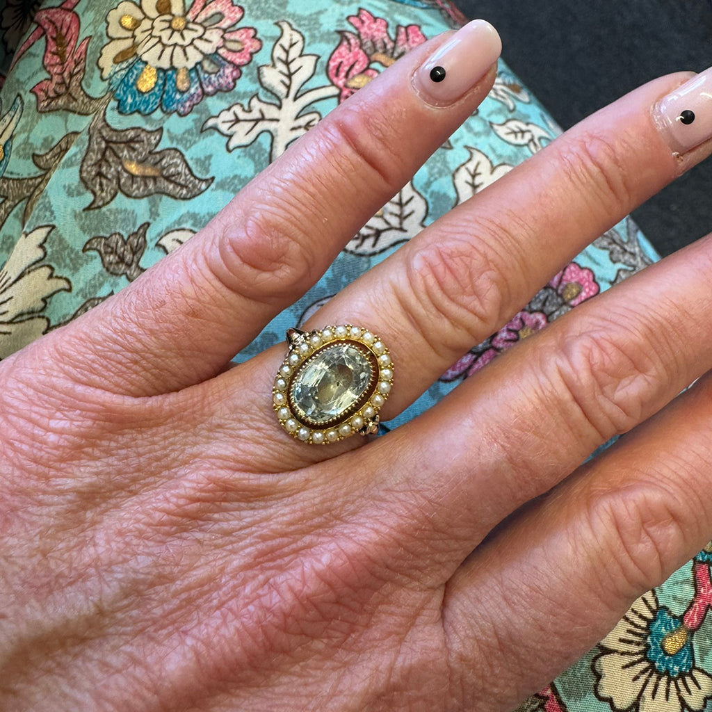Edwardian Aquamarine and Pearl Cluster Ring