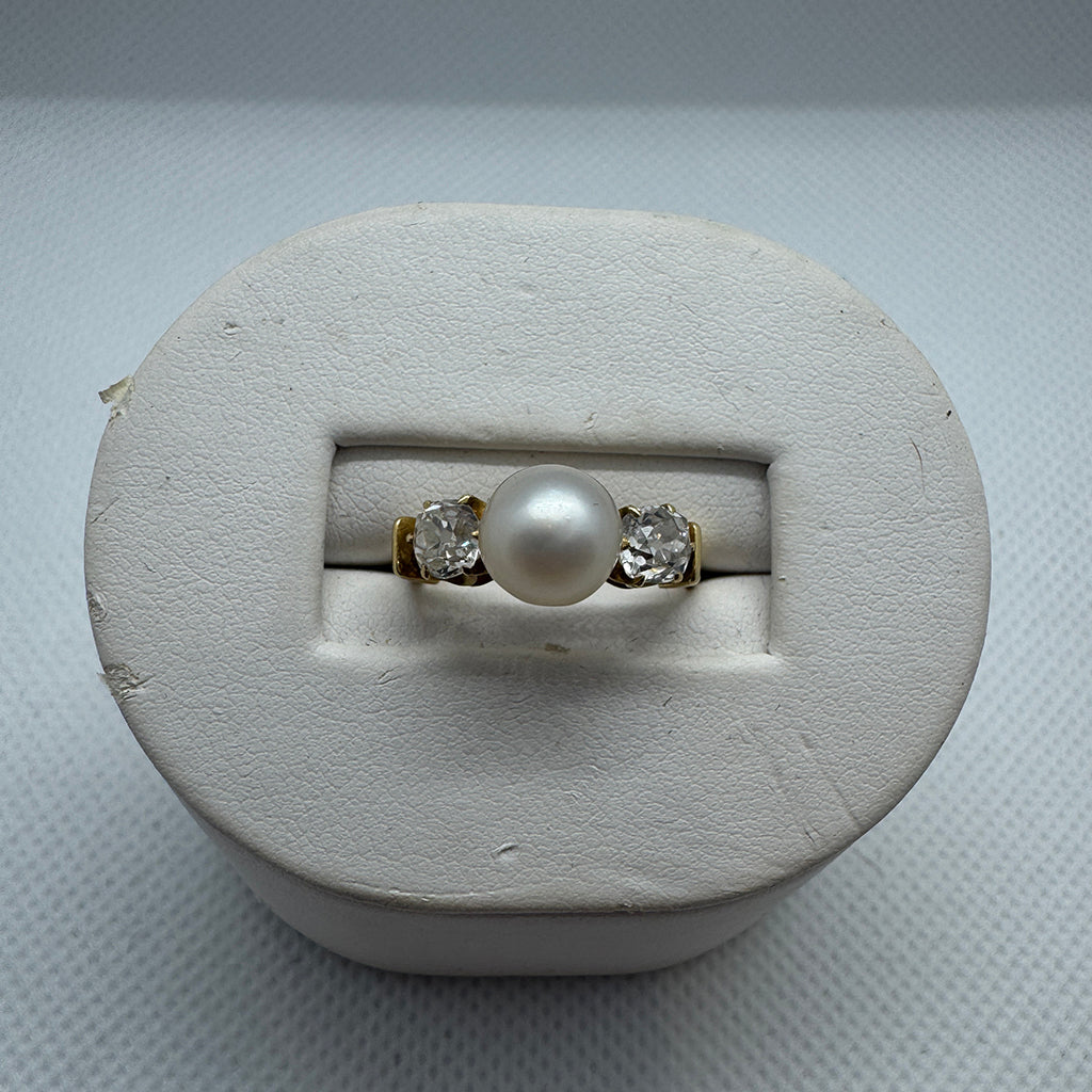 Edwardian Natural Pearl and Diamond Three-Stone Ring
